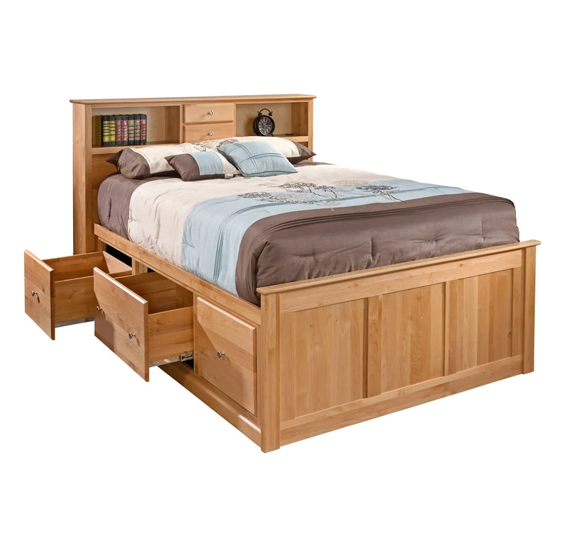 Alder Bookcase Headboard 6 Drawer Chest Bed - Woodcraft Furniture