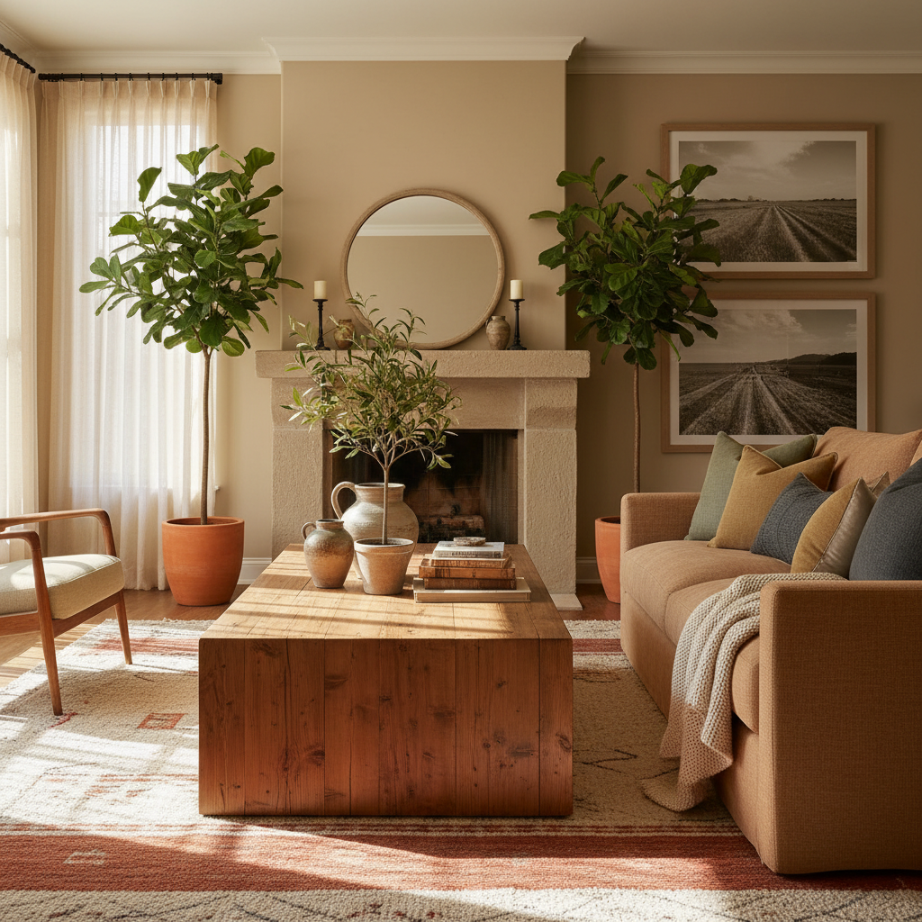 Sunlit living room with a custom wood coffee table and warm, earthy tones.