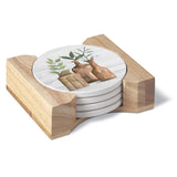 Nature's Greenery Round Stone Coasters w/Wooden Holder