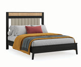 elite Woodworking mid century modern bed frame with upholstered headboard and fluted framing solid wood American made custom finished