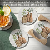 Nature's Greenery Round Stone Coasters w/Wooden Holder